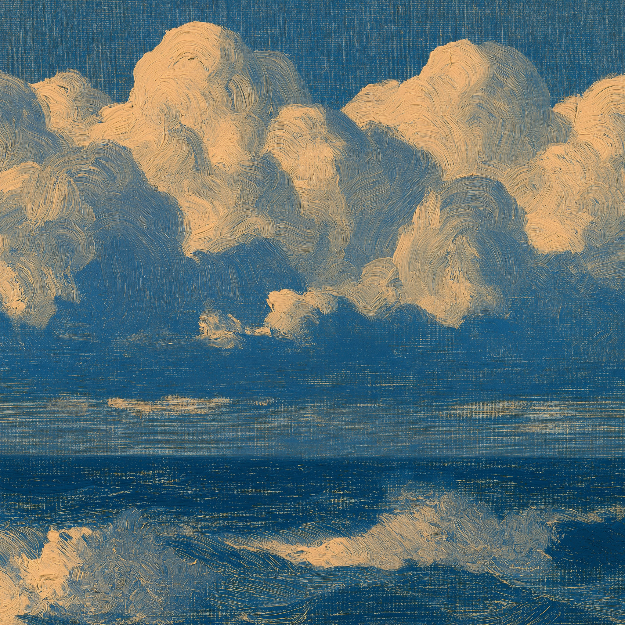 A textured blue and gold painting of billowing clouds over a churning sea with breaking waves