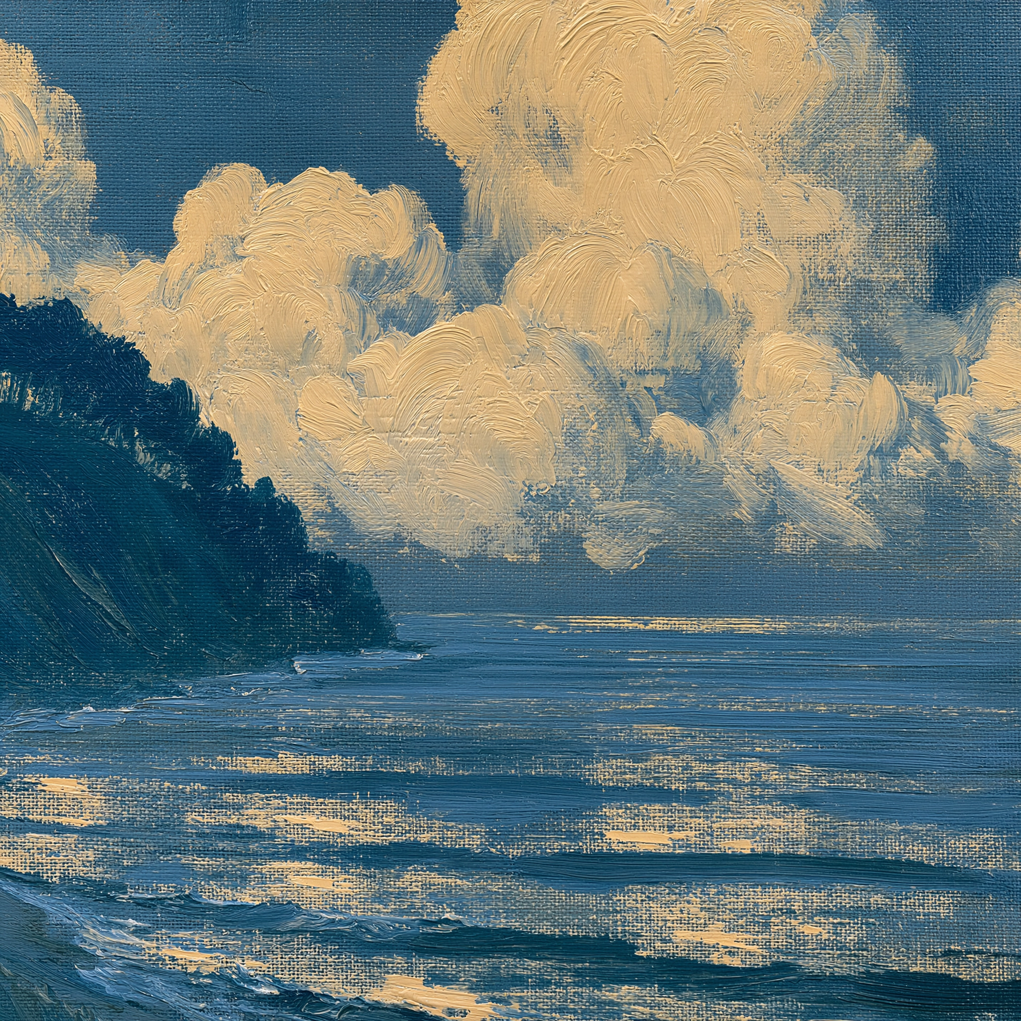 A textured blue and gold painting of a dark cliffside above a sunlit sea under towering clouds